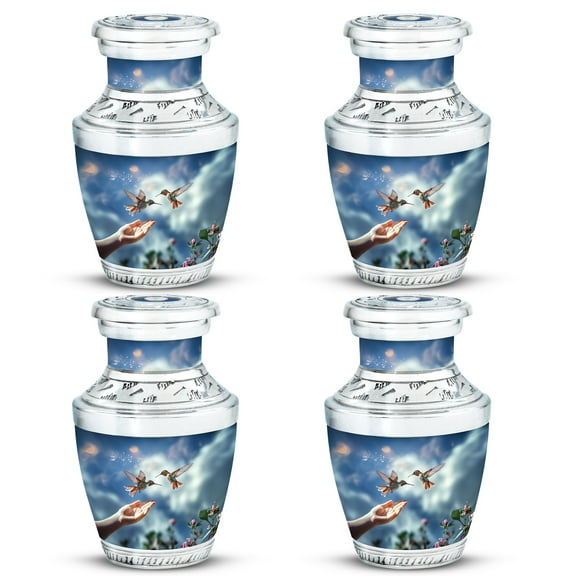humming birds flying from hand Graceful Wings Small Memorial - Angelic Mini Urn for Timeless Memories Funeral Urns For Human Ashes - Memorial Urns 3 Inch, Set Of 4