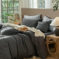 thumbnail image 2 of MooMee Wavy Striped Duvet Cover Set Queen 100% Washed Cotton Linen Like Textured Breathable 3-Piece (Charocal Grey, 90"x90"), 2 of 7