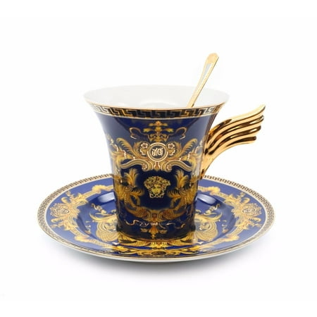 Royalty Porcelain 3-pc Blue Tea Set, Service for 1, Medusa Greek Key, 24K Gold