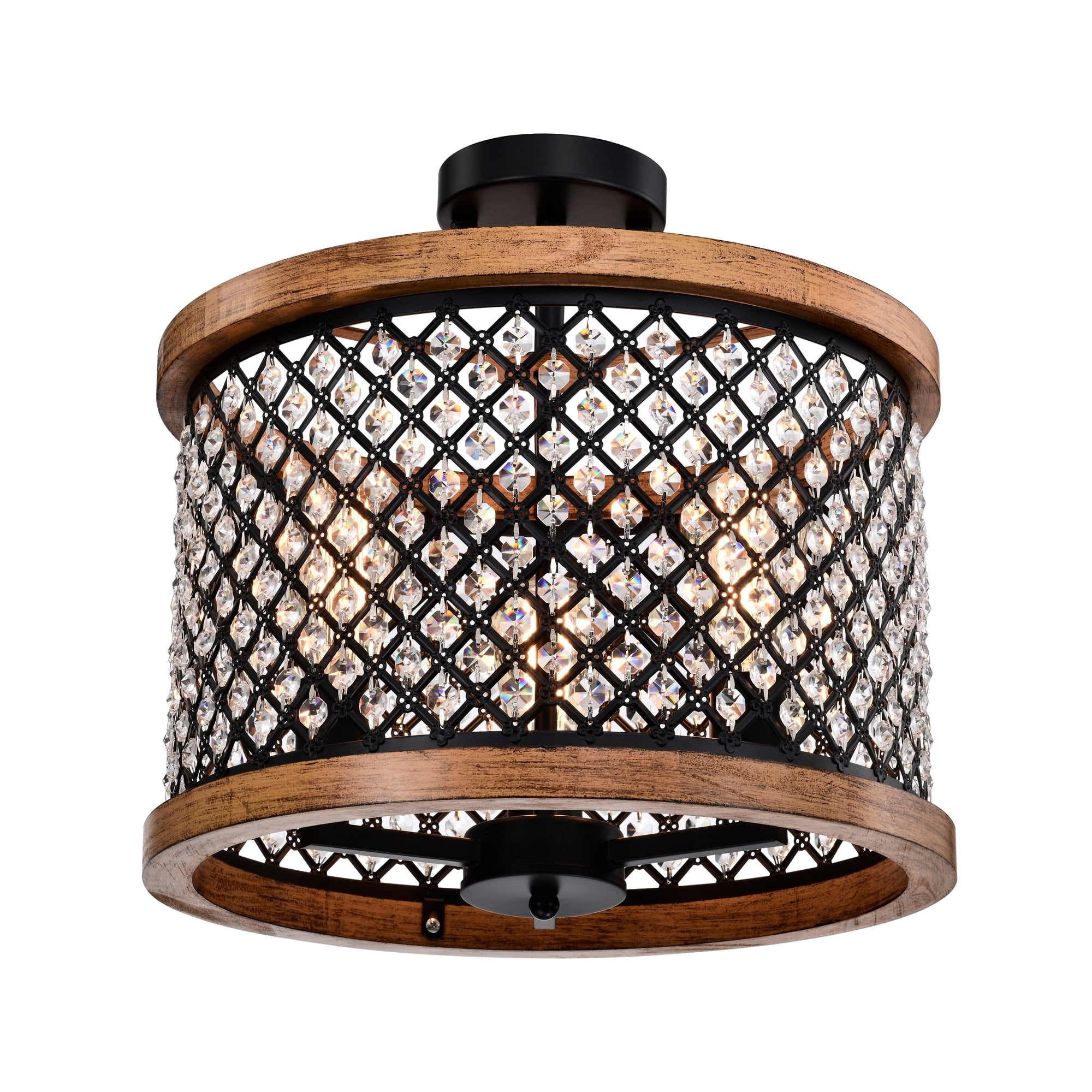 Amelia 16 in. 3-Light Indoor Chrome and Faux Wood Grain Finish Semi-Flush Mount Ceiling Light with Light Kit