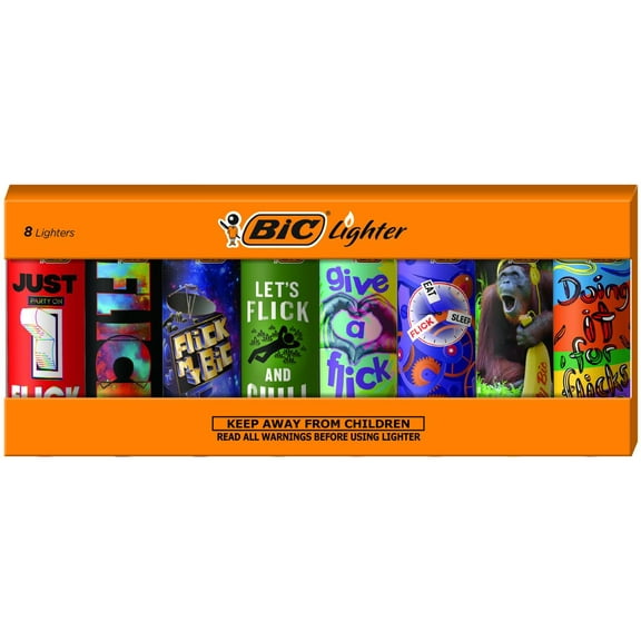 BIC Pocket Lighter, Special Edition Flick My BIC Collection, Assorted Unique Lighter Designs, 8 Count Pack of Lighters