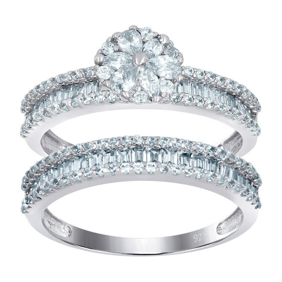 925 Sterling Silver Womens Baguette/pear Cubic Zirconia Flower Duo Ring Set 6.8x4mm Wide Size 9 Ring for Women
