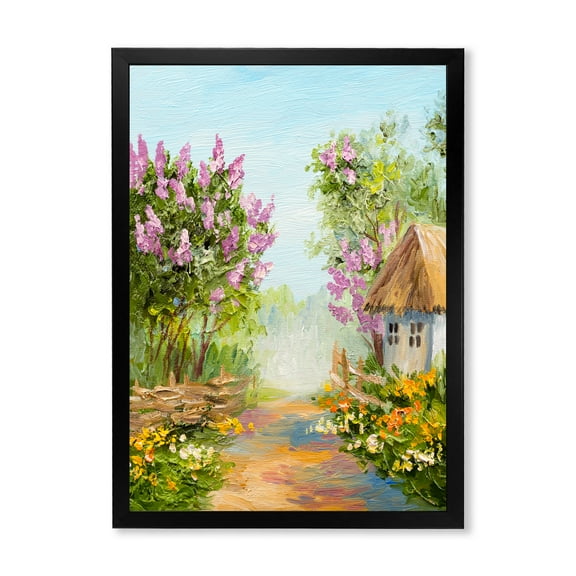 Designart 'Little House In The Blossoming Flowers Forest' Lake House Framed Art Print