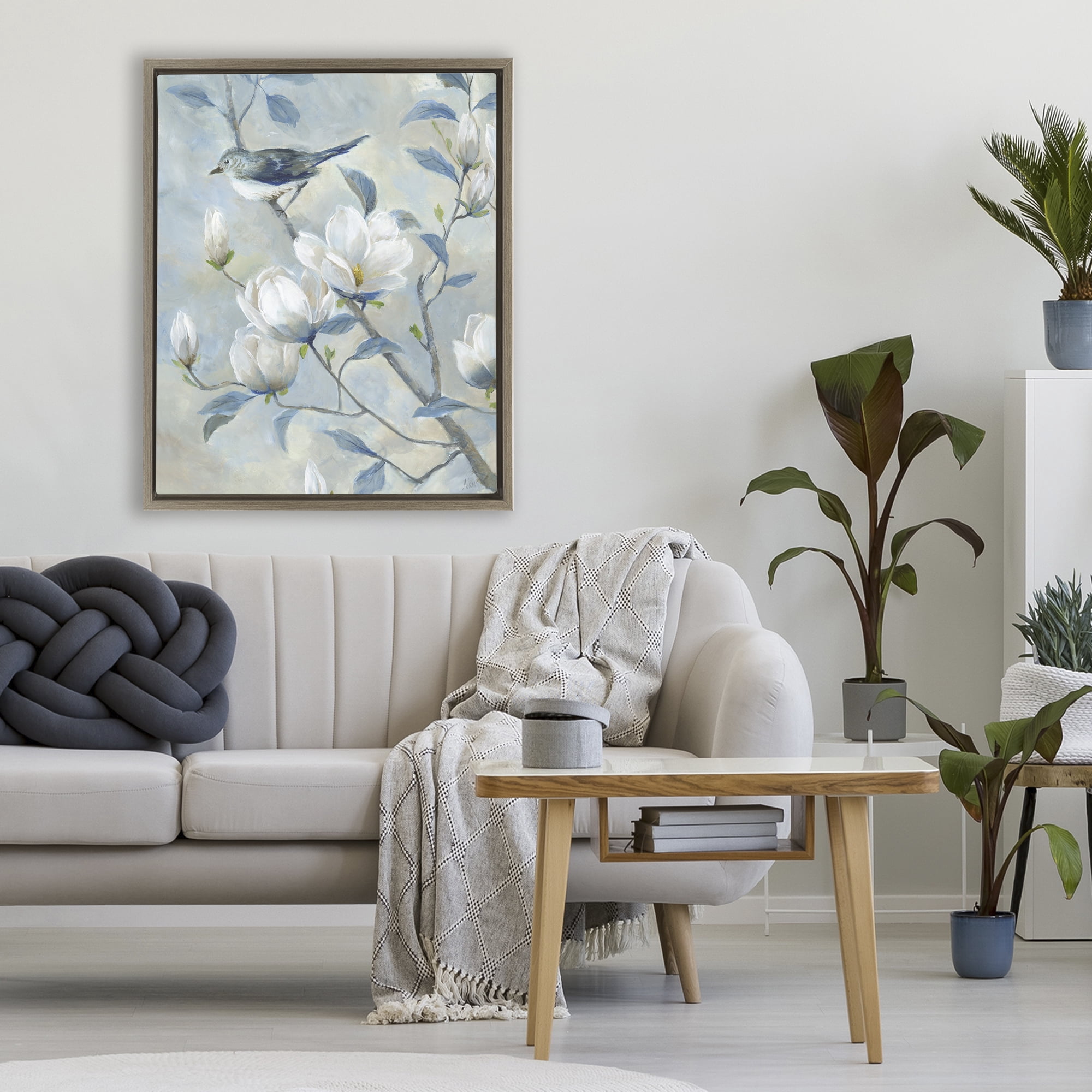 Stupell Industries Blue Bird in Magnolia Tree Brown Framed Floater Canvas Wall Art, design by Nan