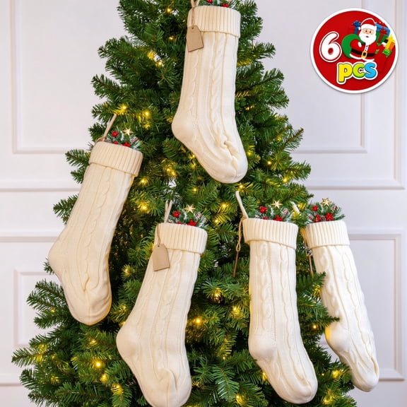Joyfy 6 Pcs 18 Inch Christmas Knit Stockings, Ivory Cable Knit Xmas Stockings with Ribbed Cuff, Cream Holiday Decor for Fireplace Mantel, Tree and Stairs