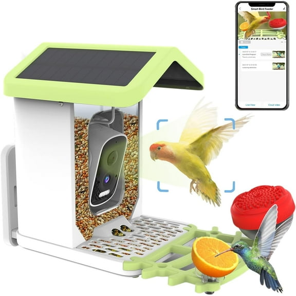 Smart Bird Feeder with Camera Solar Powered, 4K HD, AI Recognition, Instant Arrival Alerts, Motion Sensor, Gift for Bird Lover/Green