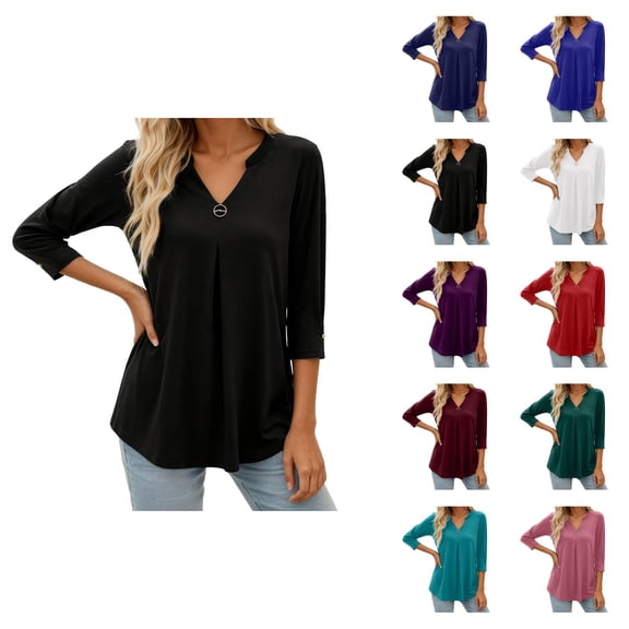 3/4 Length Sleeve Womens Tops 2026 Spring Summer V Neck Flowy Ruffle Front Dressy Casual Office Work T Shirts Blouse
