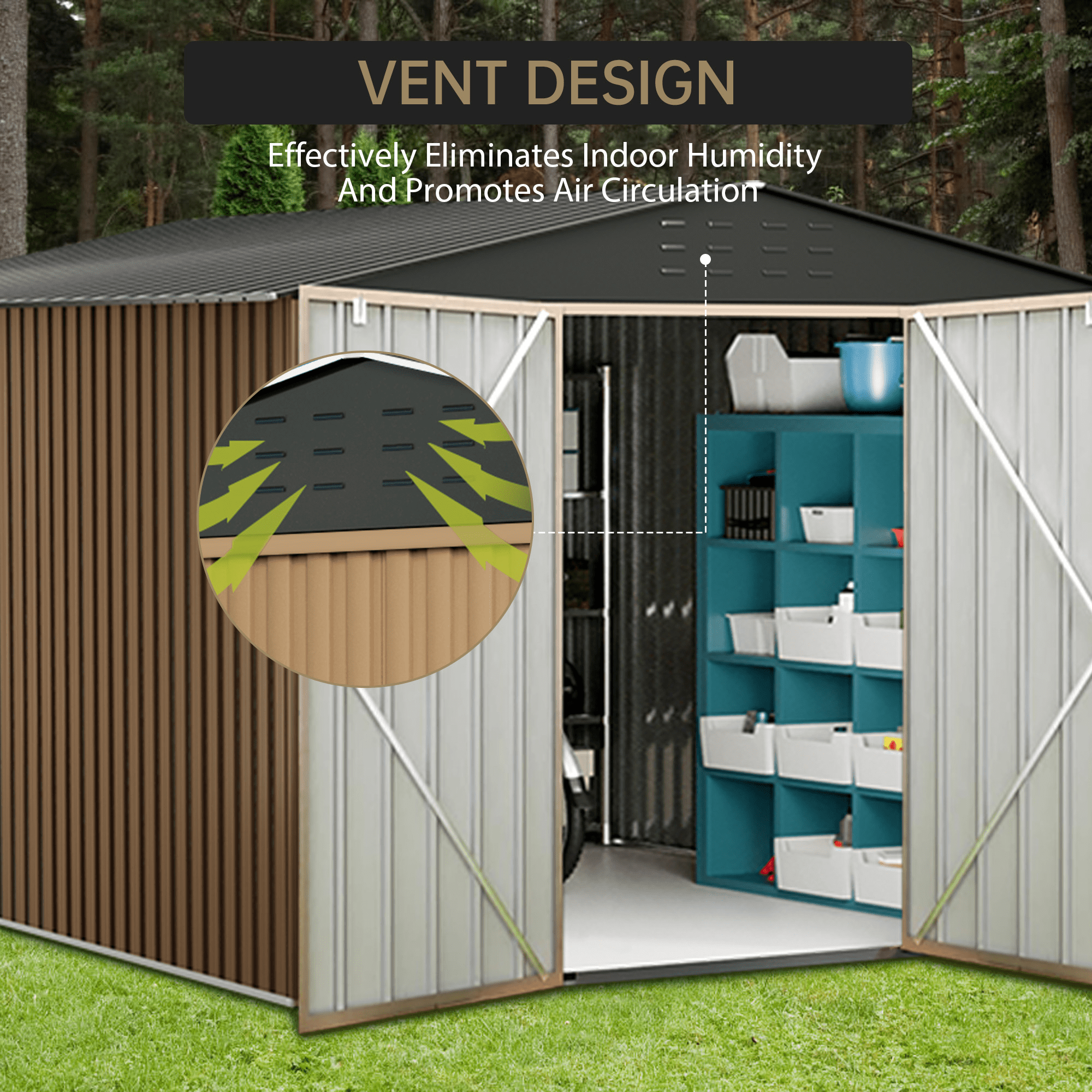 COZONY 10*10ft Galvanized Steel Storage Shed, Waterproof Utility Shed with Lockable Door & Vents for Lawn Mower Bike Tools,Brown