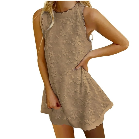 JGGSPWM Womens Flower Solid Embroidered Floral Dress Summer Beach Vacation Casual Comfy Sundress Crewneck Sleeveless Dresses Khaki XXL