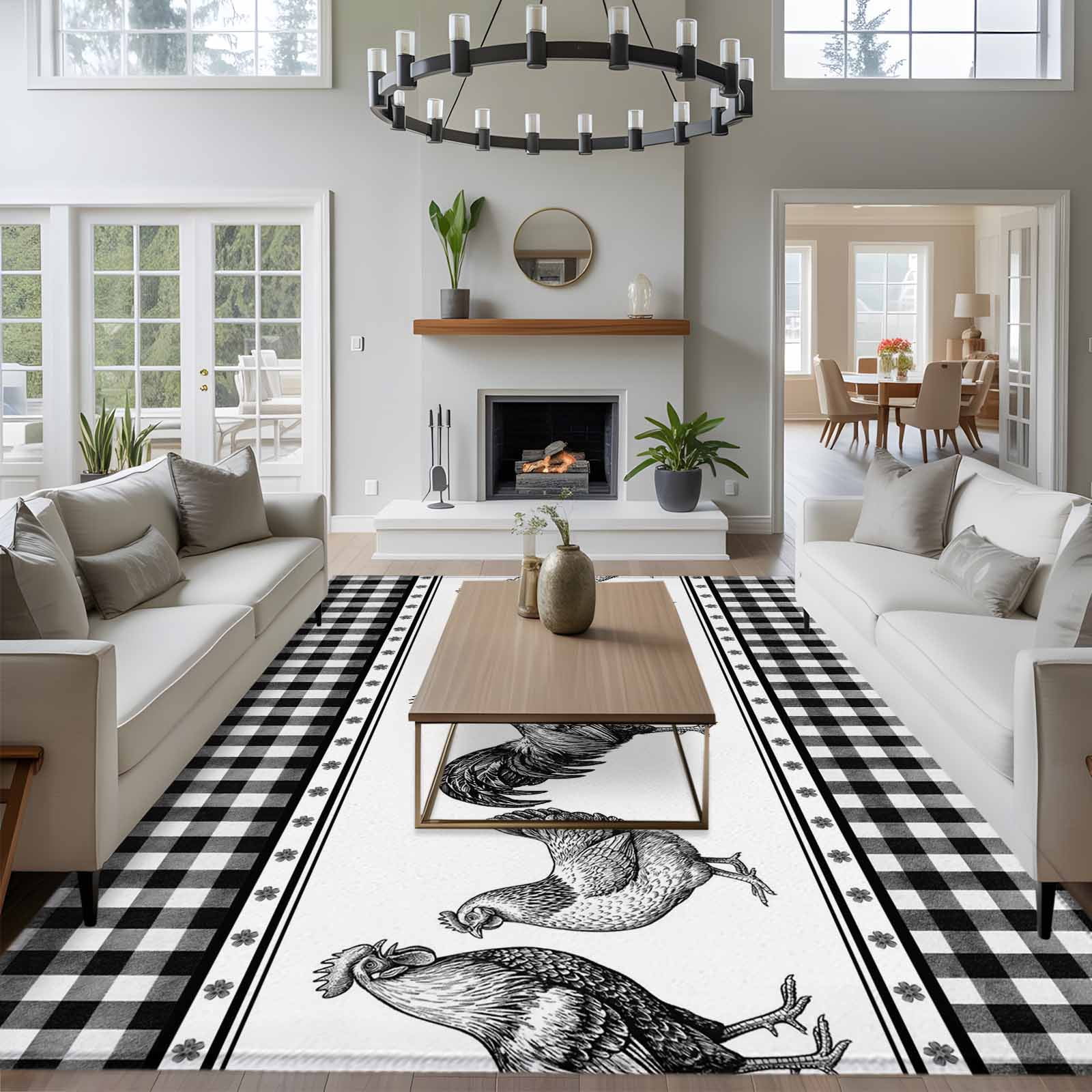 Navy Blue Rooster Area Rugs 5'x8', Washable Small Throw Rugs for Classroom Bedroom, Vintage Farmhouse Black Plaid Indoor Outdoor Rug Non-Slip Low Pile Carpet Runner Reversible Floor Mats