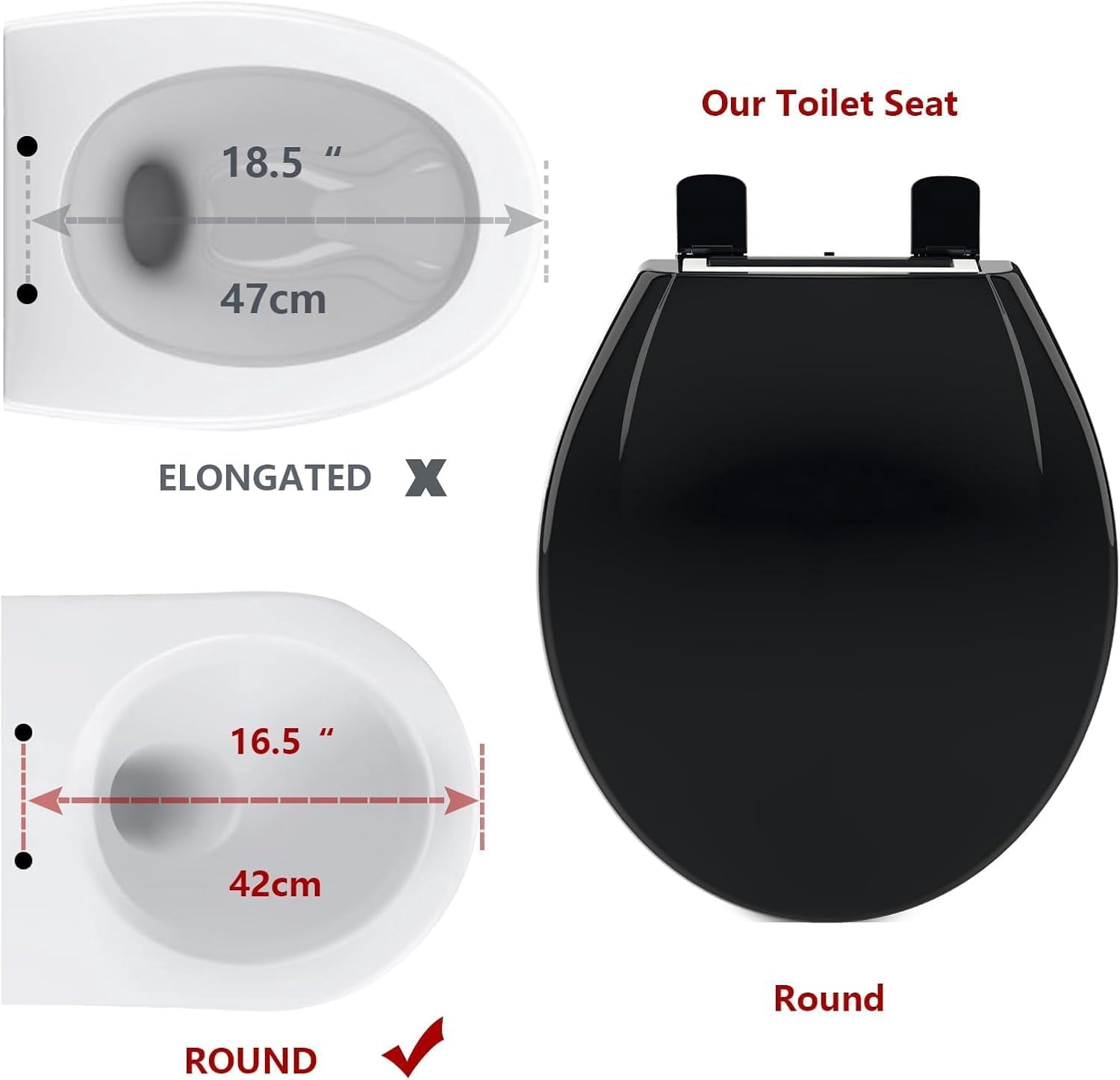 Hetoy 17-Inch Round Toilet Seat, Slow-Close Toilet Seat, Easy to Clean and Stain Resistant, Plastic Toilet Seat with Lid, Quick-Release Hinges and Quick-Connect Hardware, Black