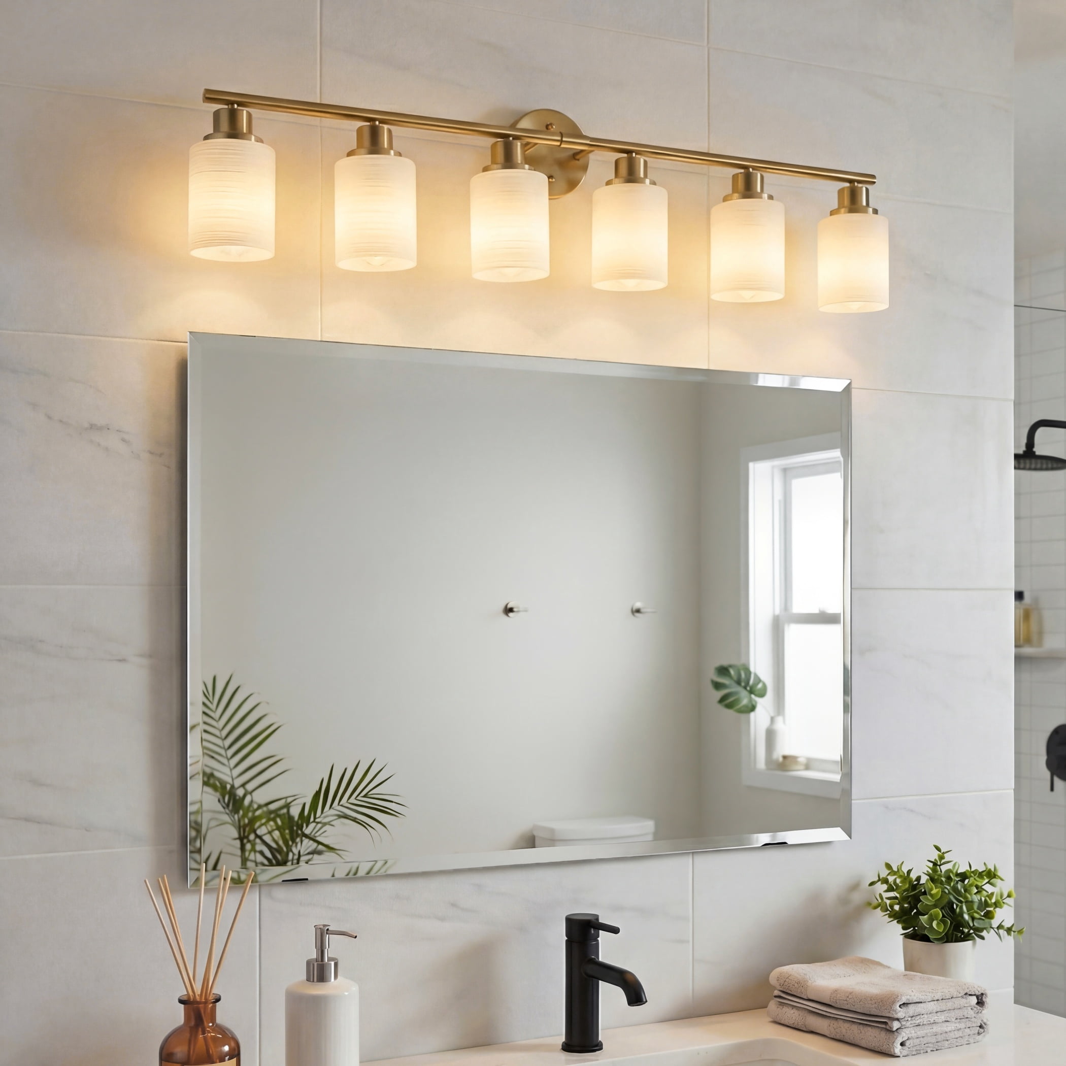 39" Modern Gold Vanity Light, 6-Light Bathroom Wall Sconce with Frosted Glass Shades, Wall Mount Lighting for Mirror or Hallway (No Bulbs)
