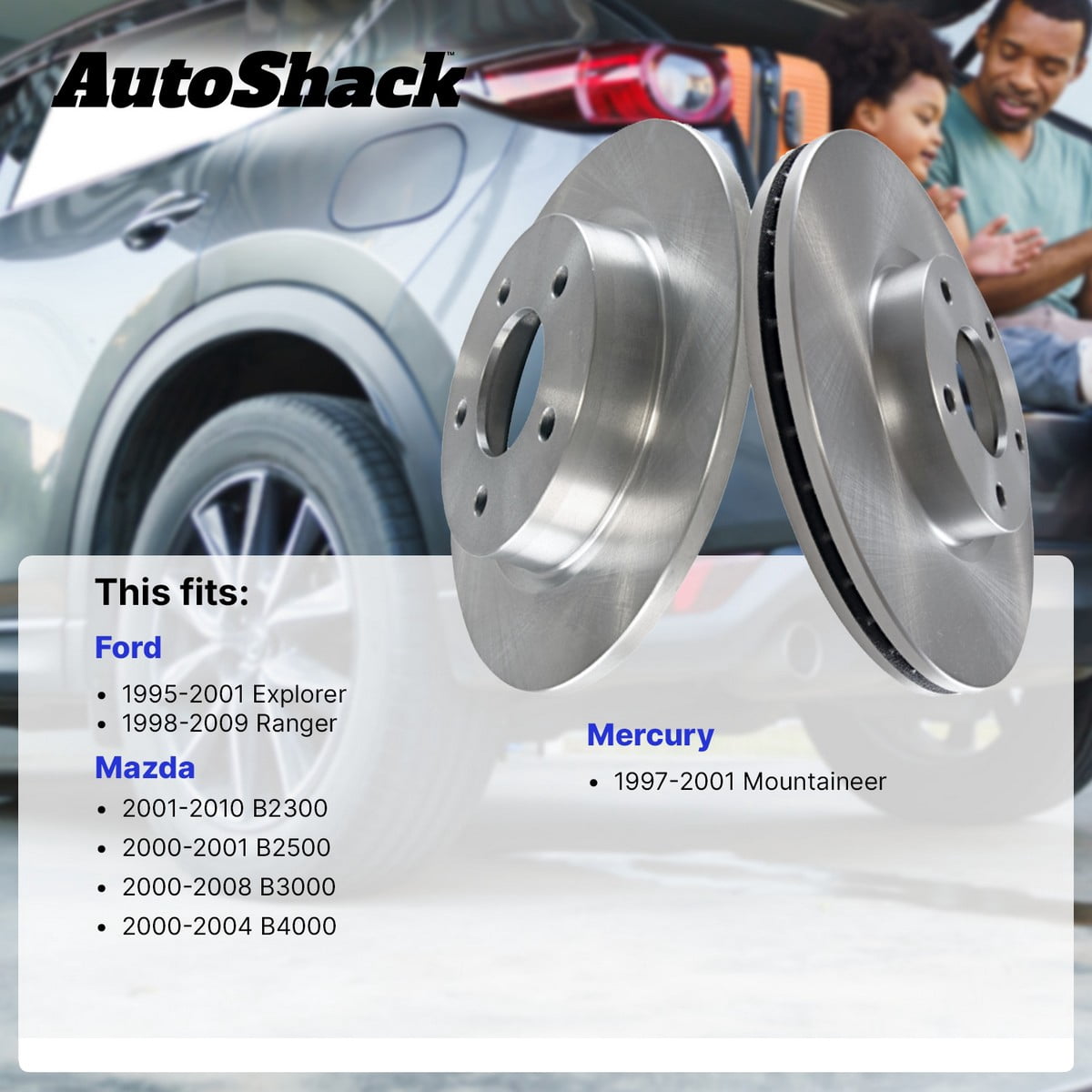 AutoShack Front Brake Rotors for Ford, Mazda & Mercury, Ranger 1998-2009 Explorer 1995-2001 B3000 2000-2008 Mountaineer 1997-2001, RWD 4WD L4 2.3L 2.5L V6 3.0L 4.0L V8 5.0L - 11.26" (286 mm), 5-Lug
