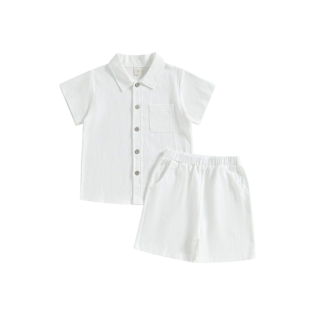 Faithtur Toddler Boy Formal Outfit Solid Color Button Short Sleeve Tops and Elastic Shorts Summer Clothes