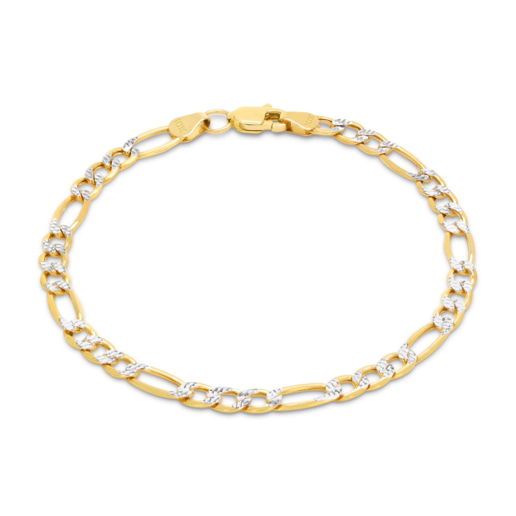 Nuragold 10k Real Yellow Gold Figaro Link 4.5mm Diamond Cut Two Tone Pave Chain Bracelet (7"-9") Italian Jewelry for Men & Women