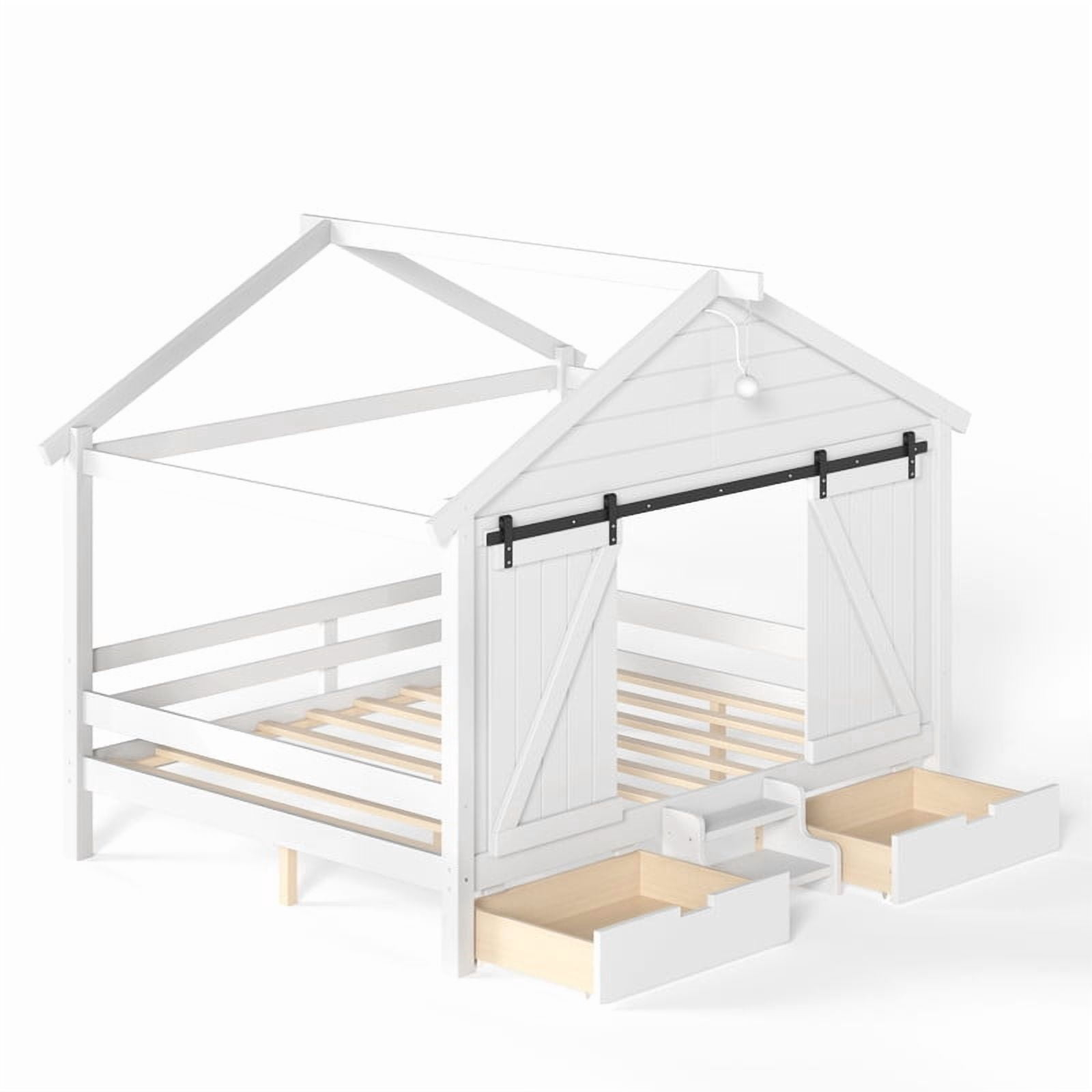 Full Size Farmhouse House Bed with Sliding Barn Doors & Light Bulb, Wood Kid's Platform Bed Frame with Stair & Drawers