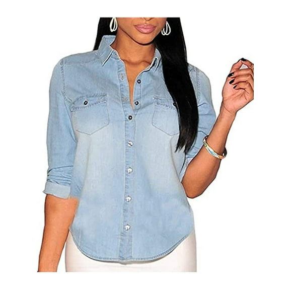 Retro Women Casual Blue Jean Soft Denim Long Sleeve Shirt Tops Denim Blouse Jacket Hot