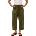 thumbnail image 4 of ZHYou No Boundarie Womens Wide Leg Capri Pants High Waisted Drawstring Elastic Waist with Pockets Contrast Stripe Loose Fit Casual Summer Cropped Trousers Army Green Size XL, 4 of 8
