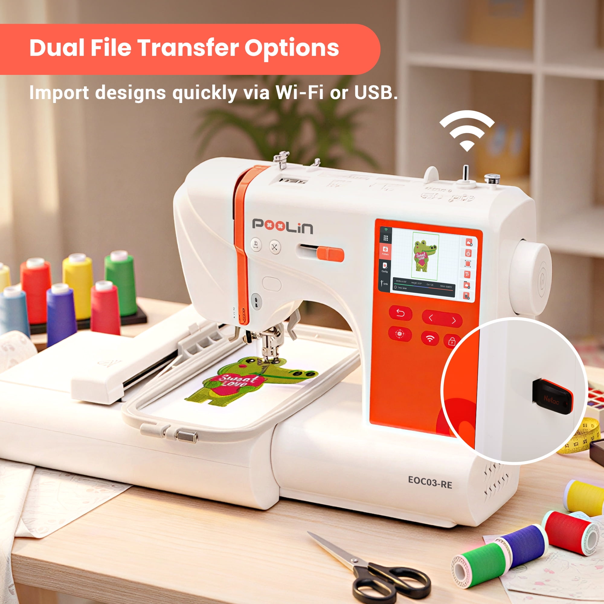 Poolin EOC03RE Embroidery Machine 4x9.25" Large Area, 4.3" Touch Screen, Wifi Connectivity with embroidery Kit