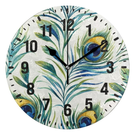 Yayeee 10" Wall Clock Battery Operated Quartz Round Silent Non-Ticking Home Decor,Peacock Feather