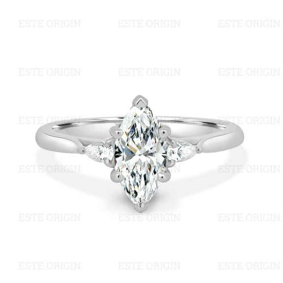 ESTE ORIGIN 1.50Ct Colorless Marquise Moissanite Trilogy Engagement Ring with Hidden Halo & Pear Accents in 10K White Gold for Women