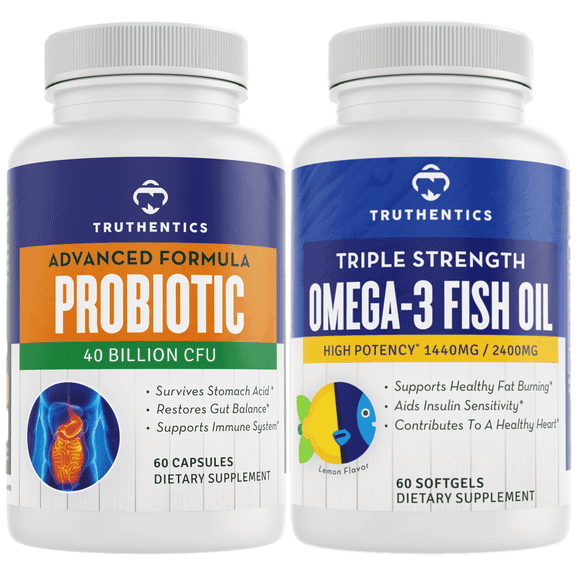 Truthentics Probiotics with Prebiotics Plus Omega-3 Fish Oil Bundle - Perfect Pair for Gut & Immune Health Support - 60 Count Each