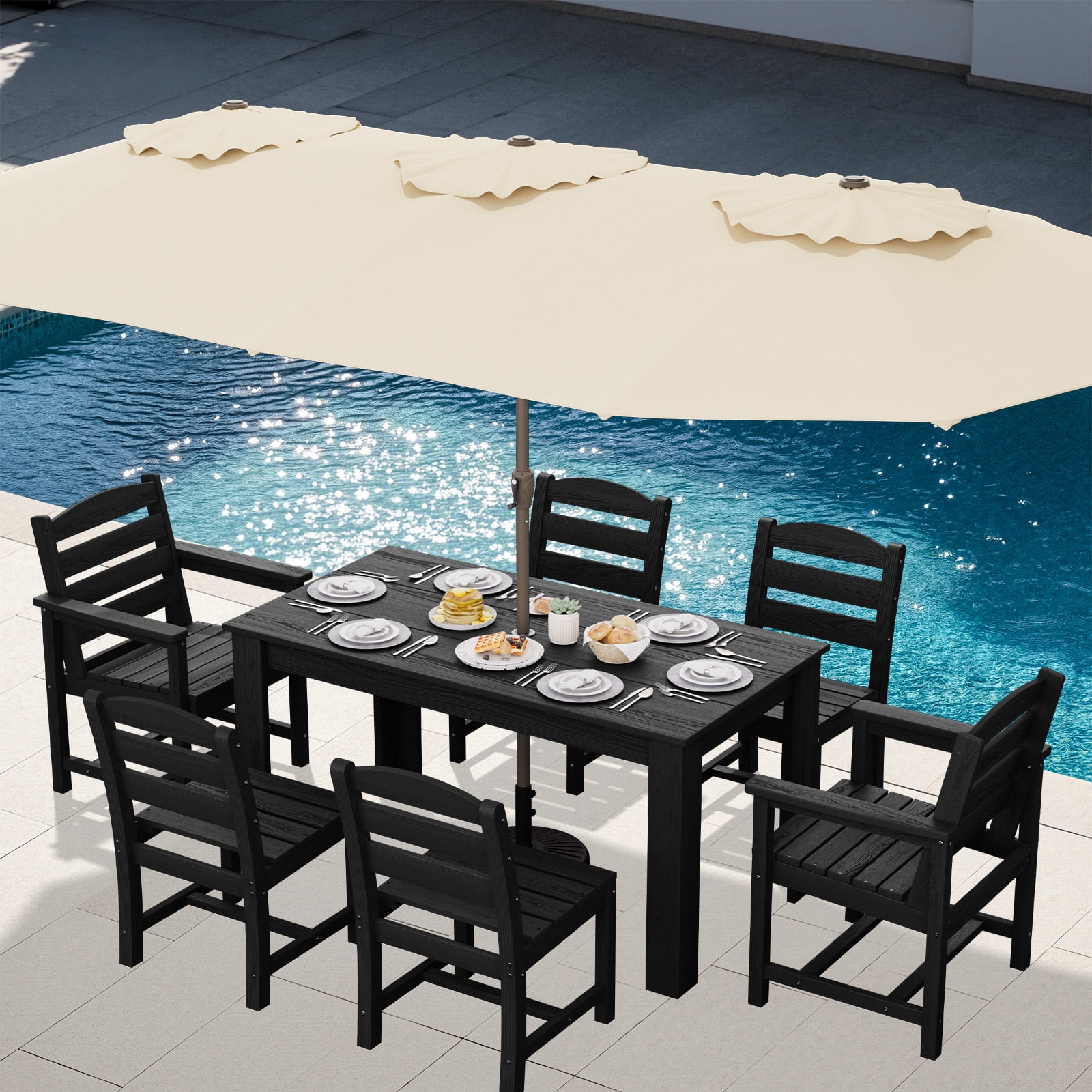 SERWALL Outdoor Dining Set for 10, 2 Outdoor Dining Tables with Umbrella Hole and 10 Armless Dining Chairs, All Weather Patio Dining Set, Black