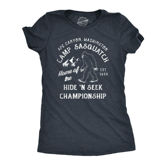 Womens Camp Sasquatch Home of The Hide and Seek Championship T Shirt Funny Bigfoot Joke Tee for Ladies Womens Graphic Tees