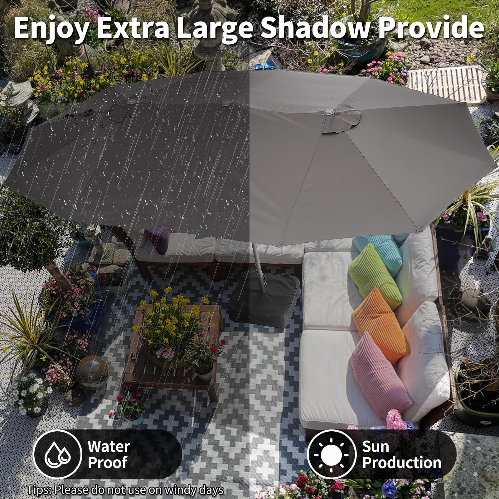 Emorefun Patio Umbrella with Base, 15FT Large Outdoor Umbrella with Crank Handle & 12 Strong Ribs for Garden, Backyard, Poolside, Dark Gray