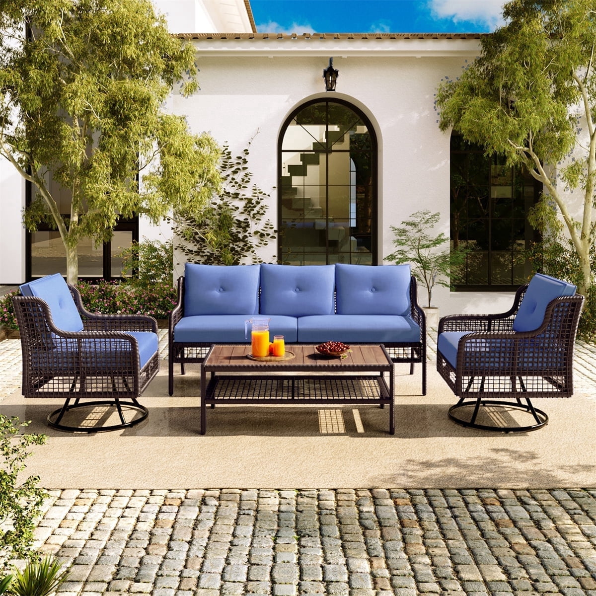 HighSound Patio Furniture Set, 5 Piece Outdoor Conversation Set with Rocking Swivel Chairs, Wicker Rattan Outdoor Sofa Set with Coffee Table for Backyard, Deck, Porch, Blue Cushions