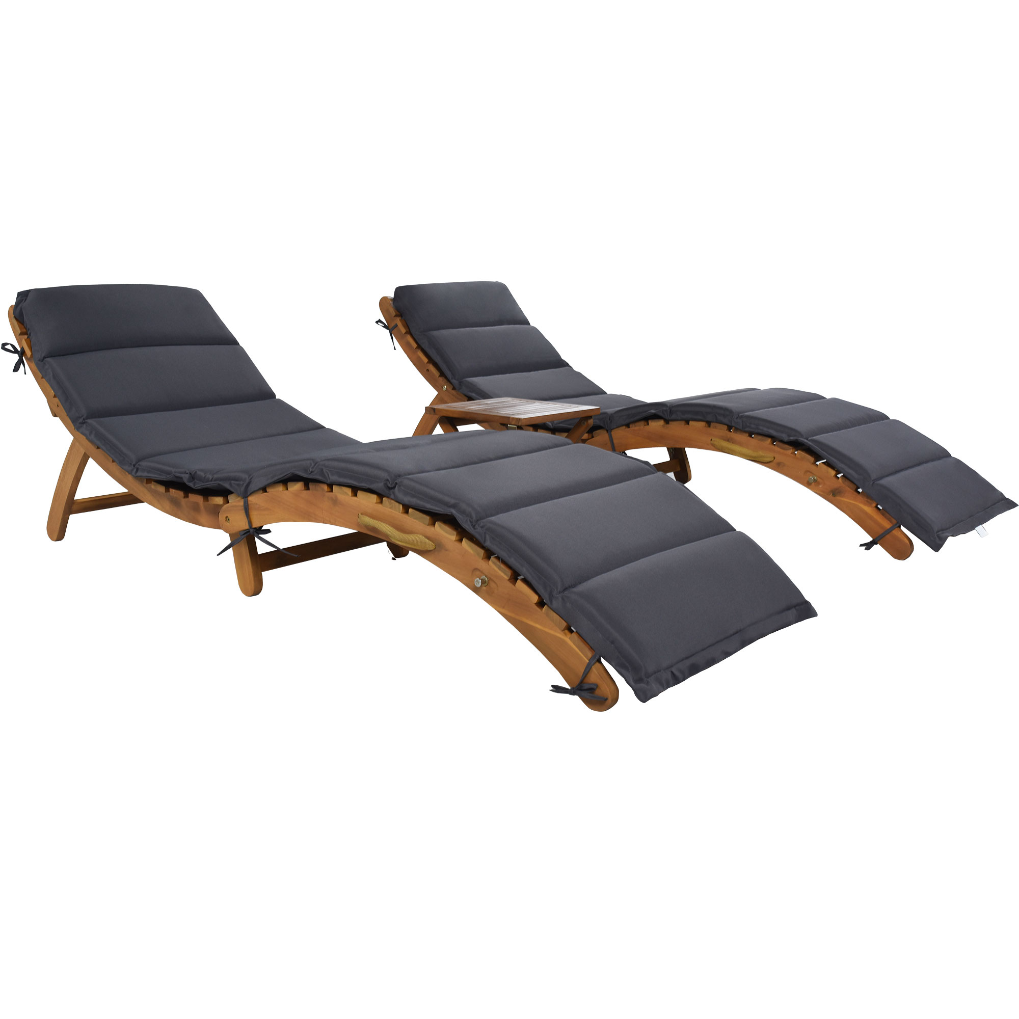 ENYOPRO Patio Lounge Chairs Set of 3, Outdoor Wood Portable Chaise Lounge Chairs with Foldable Tea Table and Cushions, Fit for Pool Porch Backyard Patio, Brown Finish + Dark Gray Cushion, K2702 - image 3 of 8