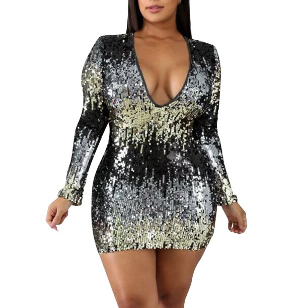 Gibobby Vestidos casuales Moda Belleza Estilo europeo Cuello en V Colorido Sexy Lentejuelas(Negro, S)
