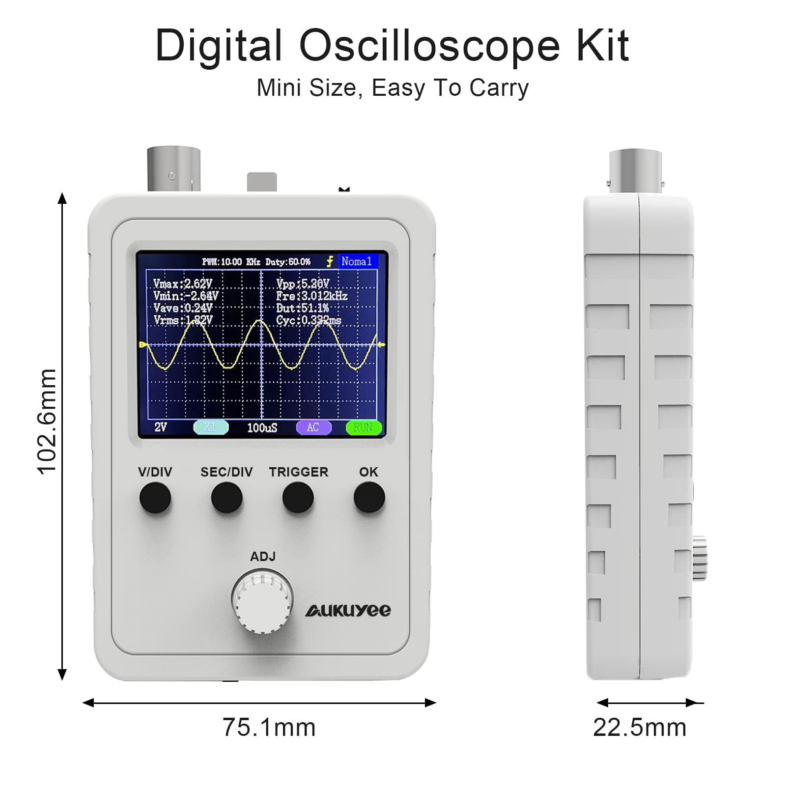 Aukuyee 2.4" TFT Handheld Oscilloscope, Mini Digital Portable Multimeter Audio Scope Tester Kit with BNC Clip Probe, Power Supply