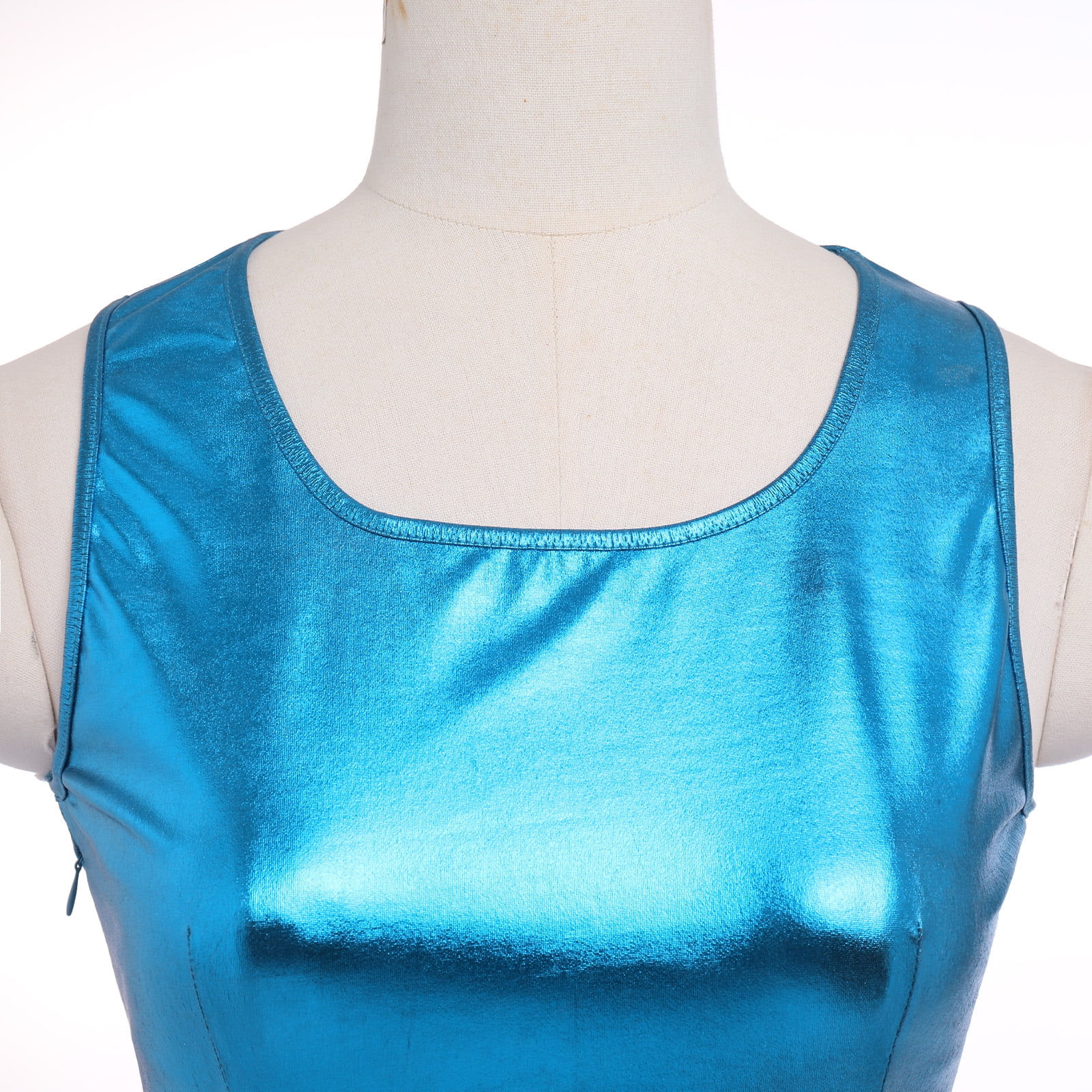 IBTOM CASTLE Women's Shiny Metallic Dress Sexy Sleeveless Mini Skater Dress Holographic Party Rave Dance Clubwear Anime Cosplay Halloween Clothes L Blue