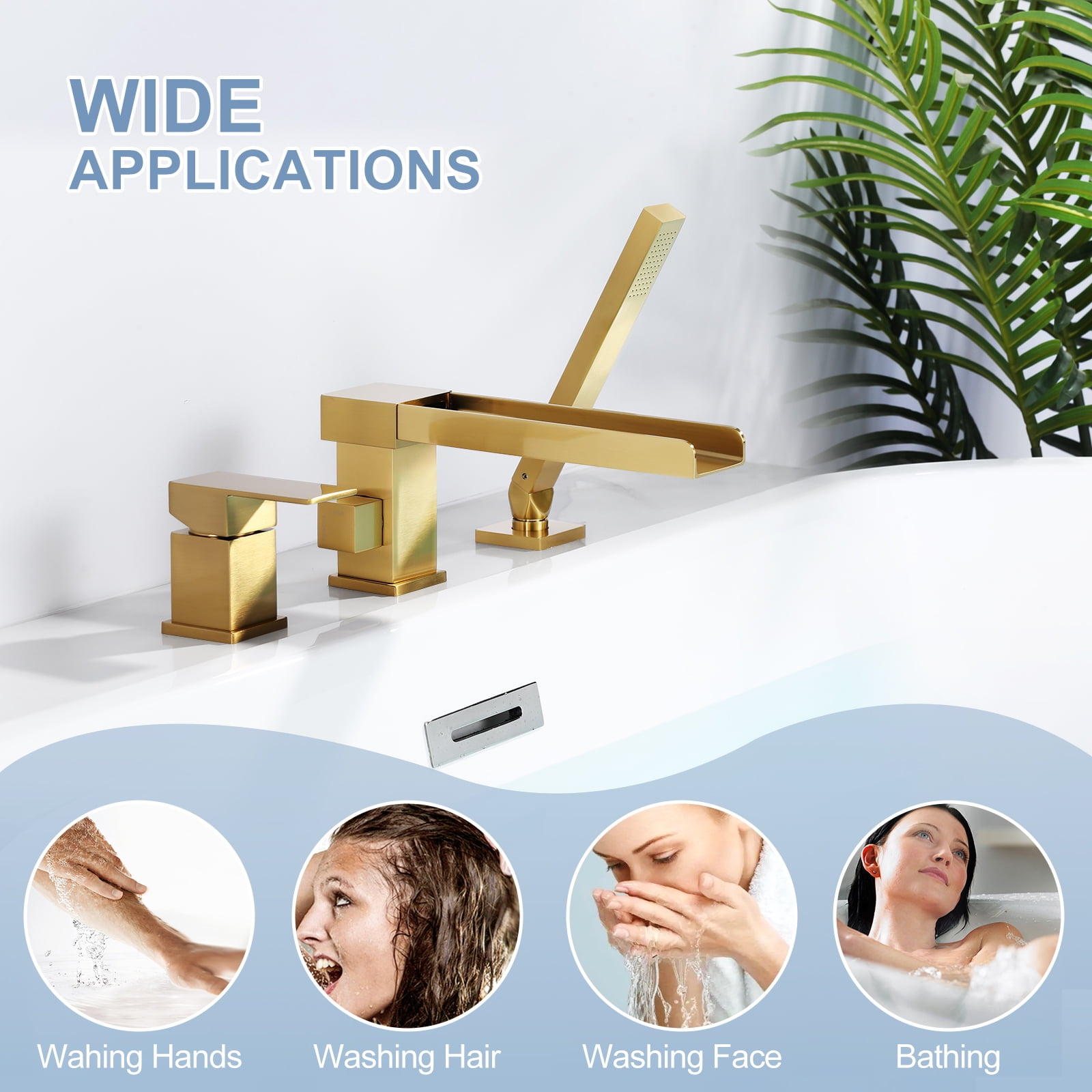 Waterfall Roman Tub Faucets, WOWOW Jacuzzi Tub Faucet Brushed Gold, Garden Deck Mount Tub Faucet, Roman Tub Faucet with Sprayer