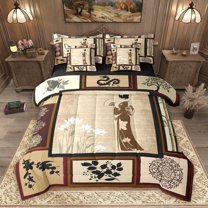 Homewish Ancient Geisha Princess Twin Bedding Sets 7-Piece, Lotus Flower Floral Bedding Comforter Set, Vintage Japanese Style Reversible Sheet Sets, Breathable Home Decor