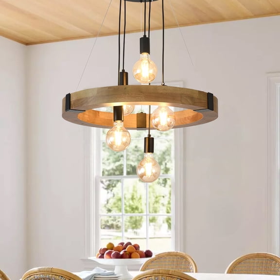 5-Light Farmhouse Wooden Chandelier, 23.6” Round Chandelier Light Fixture, Rustic Chandeliers for Living Room Entryway Foyer Bedroom Kitchen