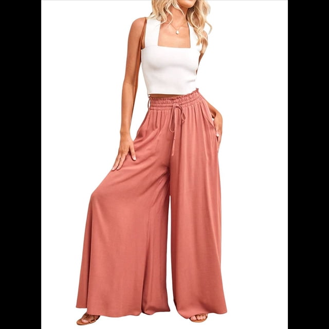 Pantalones Casuales de Cintura Alta para Mujer, de Color Liso, Largos y Anchos, con Bolsillos, para y Otoño. Naranja Rojo L