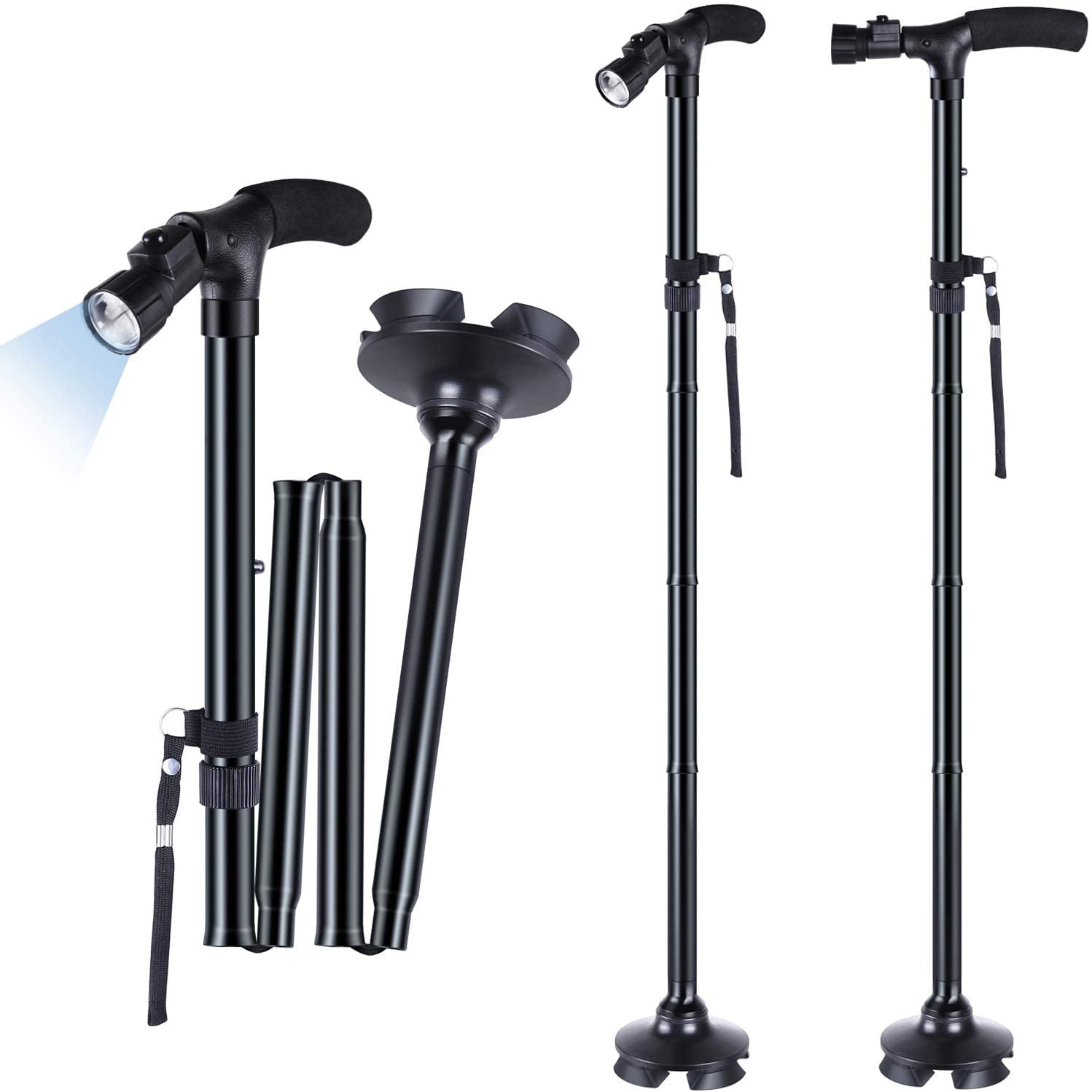 Folding Cane with Built-in LED Light for Elderly with Cushion T Handle and Pivoting Quad Base