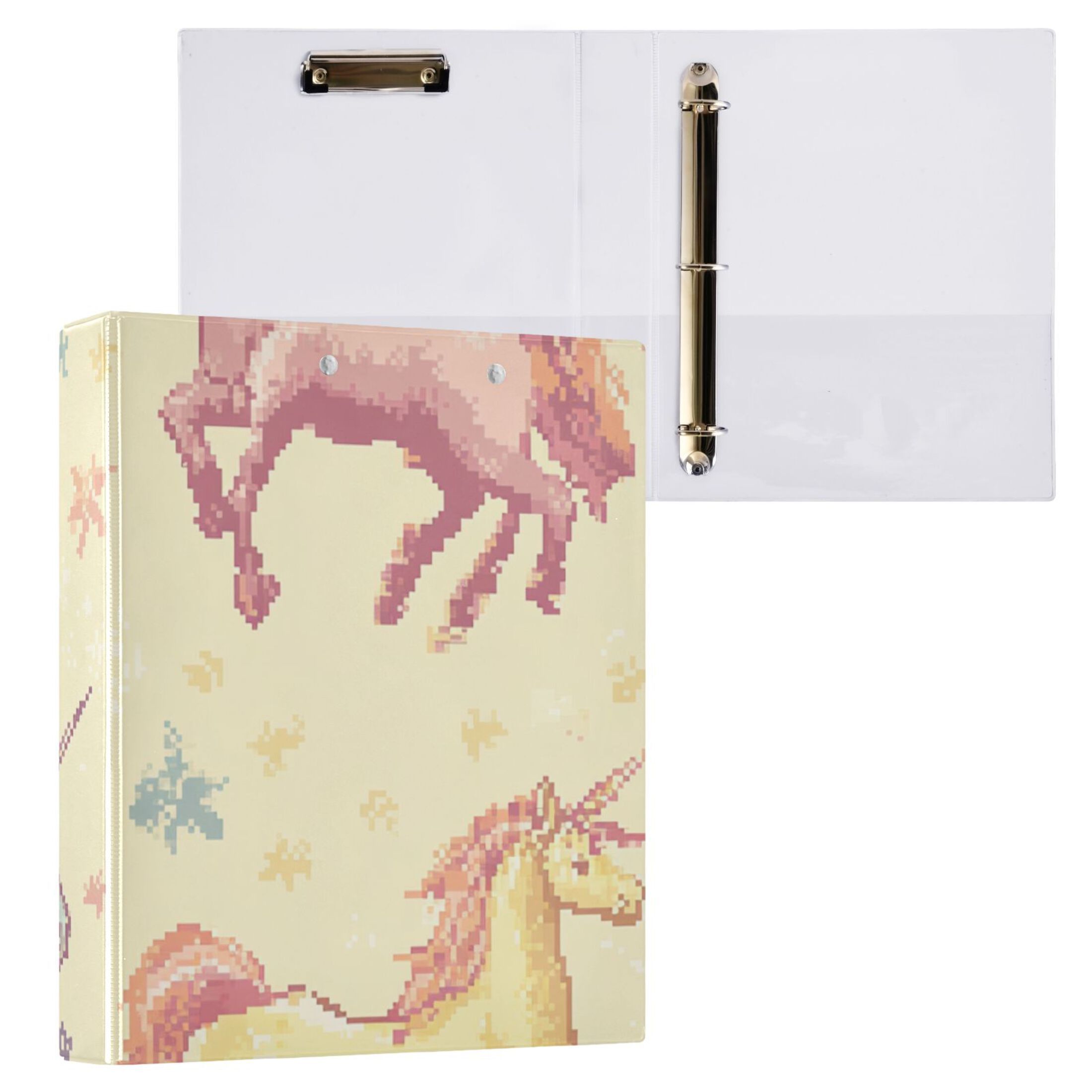 Pixel Unicorns Stars 3 Ring Binders 1.5 inch Hardcover File Folders with Interior Pockets A4 Size Organizer for School Office Hospital