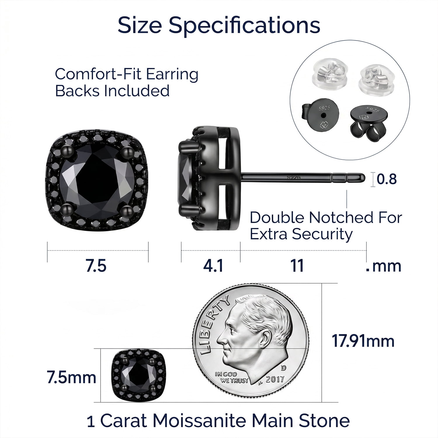MomentWish 2 Carat Black Moissanite Stud Earrings for Women Men 925 Sterling Silver Halo Studs Father's Day Gift