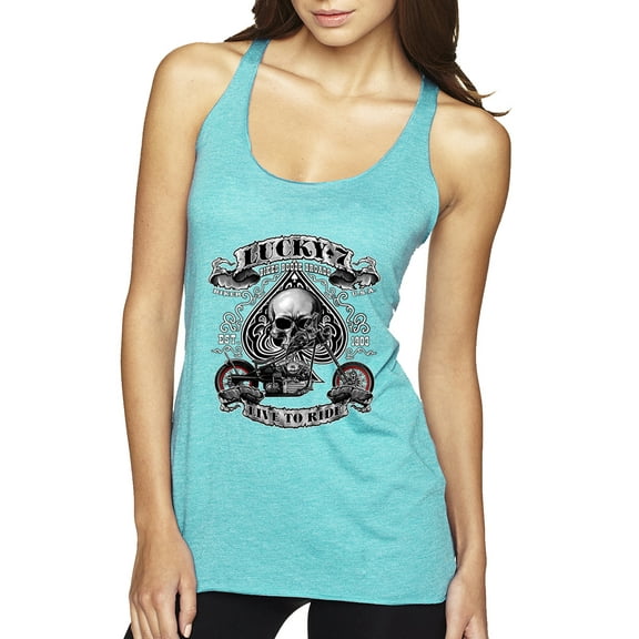 Lucky 7 Live to Ride Bikes Booze Broads USA Est 1903 | Womens Fashion Premium Tri-Blend Racerback Tank Top, Tahiti Blue, Medium