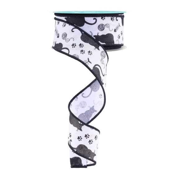 Craig Bachman 1.5 Inch Cat Silhouettes Ribbon, White and Black, 10 Yards