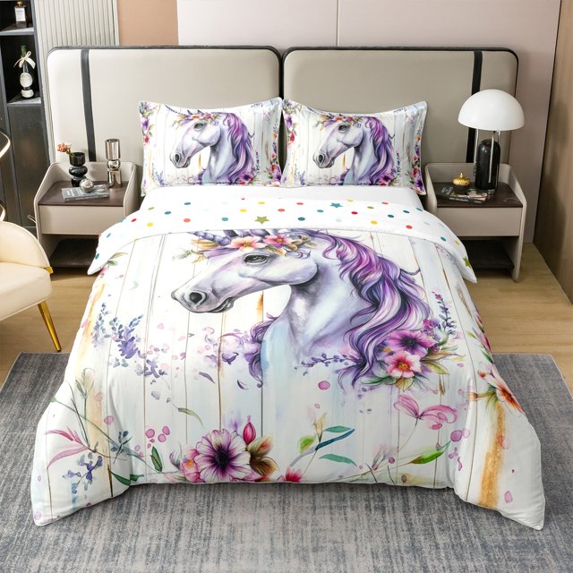 Erosebridal Housse de Couette Licorne de Rêve 100 % Coton Format Simple, Housse de Couette Cheval Faune 100 % Coton Simple, Déco Fleurs Dessin Animé, Réversible 2 Pcs (Sans Couette)