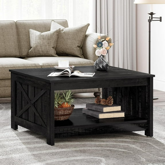 Coffee Table with Storage, Square Coffee Tables for Living Meeting Room, Farmhouse Black Coffee Table with Large Half Open Storage Compartment Rustic Wood Cocktail Table, Black
