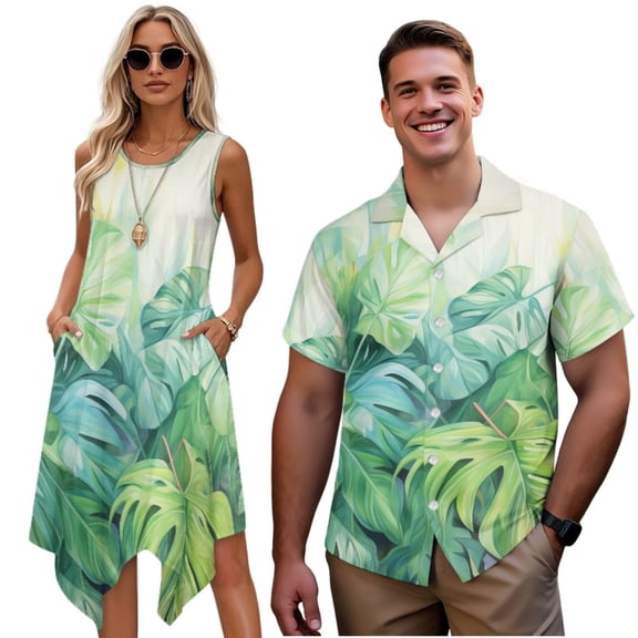 Uorisanigo Green Palm Leaf Couples' Outfits Husban and Wife Clothing Men's Short Sleeve Shirt Size 2XS Fashion Hawaiian Tops and Women's Tank Dress Flowy Beach Sundress