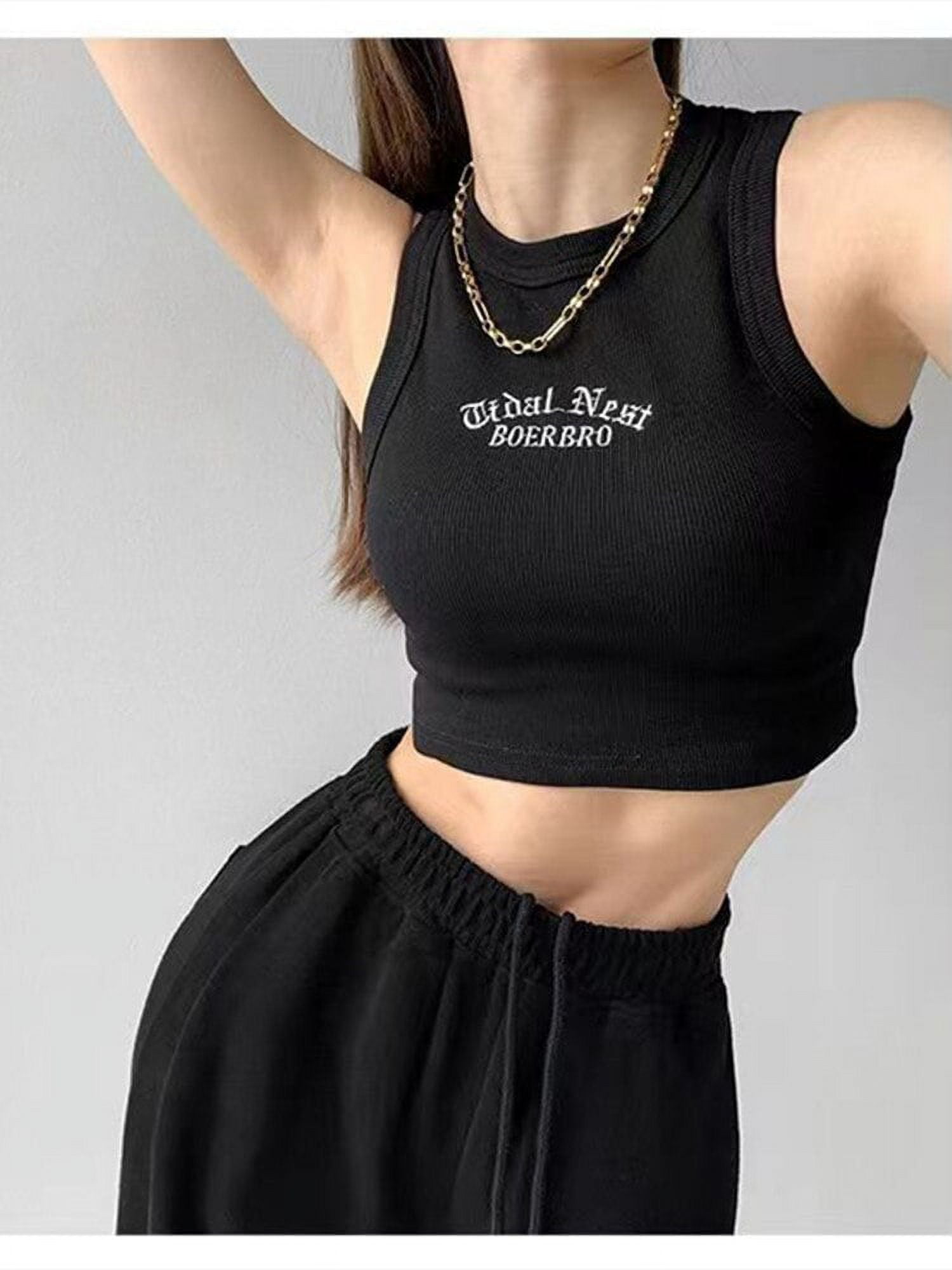 YCNYCHCHY Women Letter Print Round Neck Ribbed Tank Top Camisole Women  Summer Basic Elastic Tank Top Korean Style O Neck Tank Tops