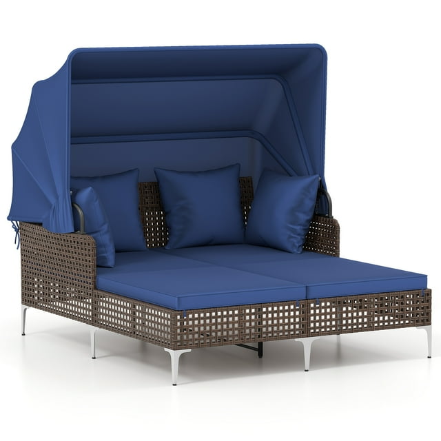 Gymax Daybed w/ Retractable Canopy PE Wicker Rattan Patio Double Chaise Lounger Navy