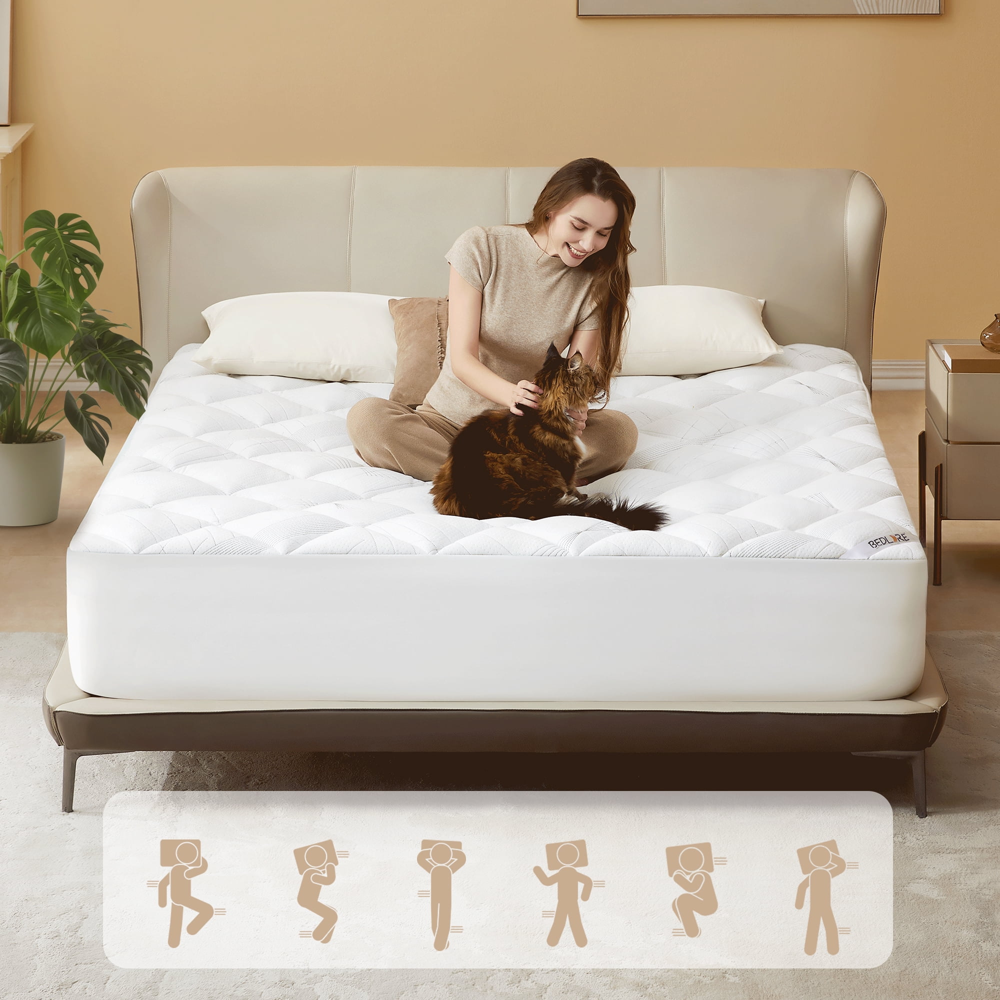 BEDLORE Cal King Size Mattress Topper, Fluffy Pillow Top Mattress Pad for Back Pain, Bamboo Breathable Mattress Cover with 6-18 Inches Deep Pocket