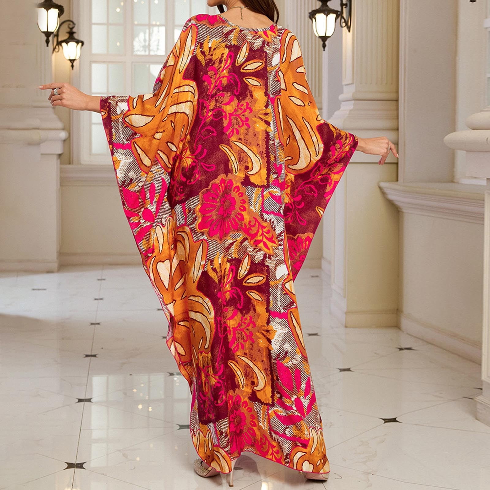 Women Kaftan Dresses Cover Ups Vintage Boho Printed Long Sleeve V Neck Beach Dress Lightweight Vacation Sheer Bathing Suits